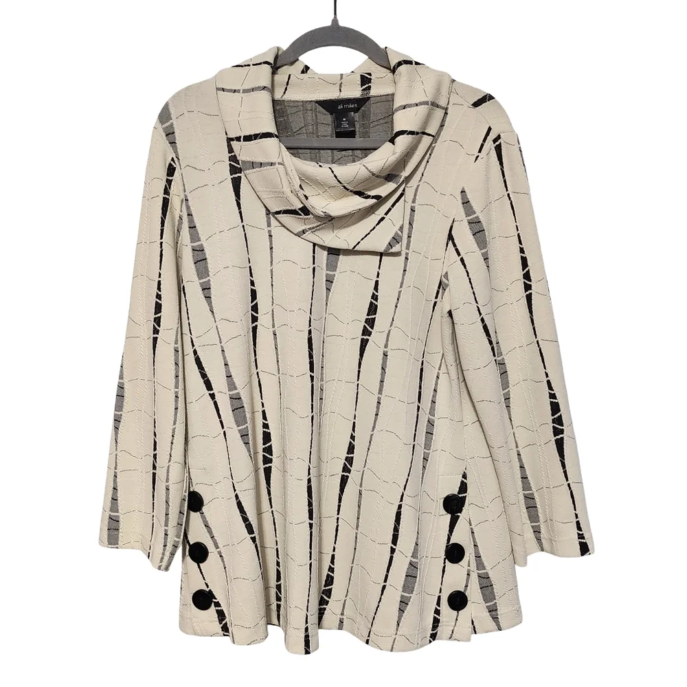 ALI MILES Tunic Womens Medium Ivory Black Jacquard Quiet Luxury Abstract Artsy - Picture 2 of 12